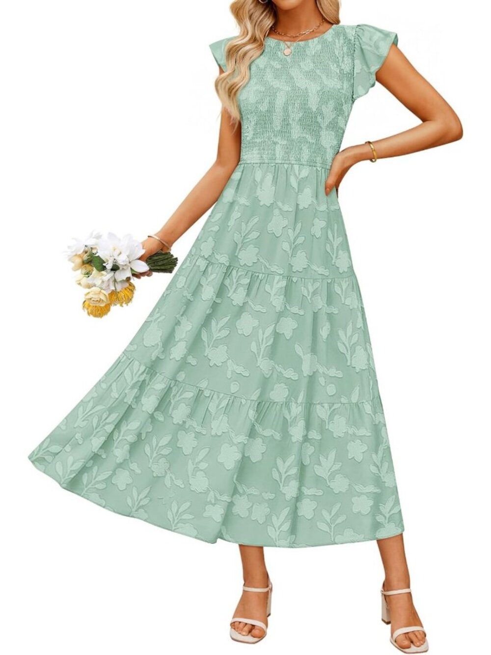 Floral Boho Smocked Maxi Dress - Women's Summer Flowing Beach Dress, Size M/L